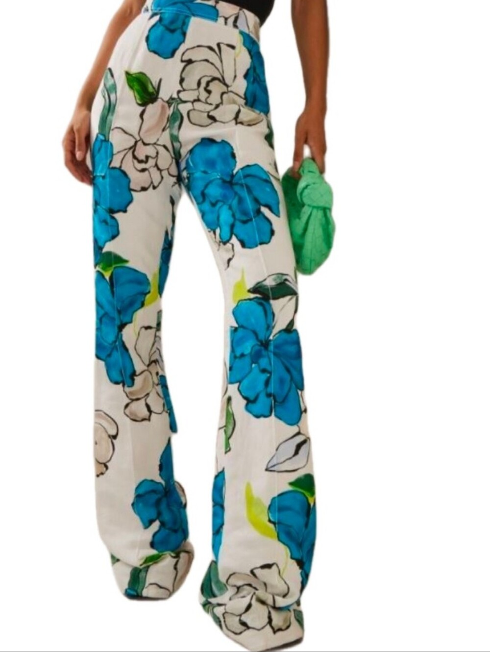 Aje. Cream Tan and Blue Floral Linen Blend Pants